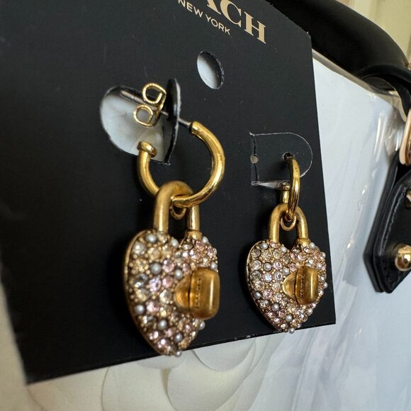 Coach Heart Turnlock Pavé Huggie Earrings (Gold/Pink Multi) - NWT - Picture 3 of 9